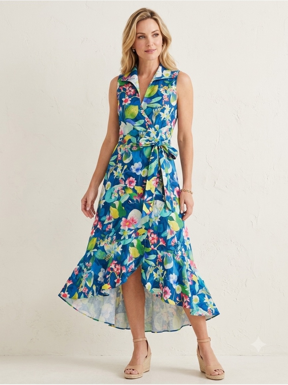 J.McLaughlin Linen Cotton Tropical Floral Wrap Maxi Dress Raffle Pockets Size M